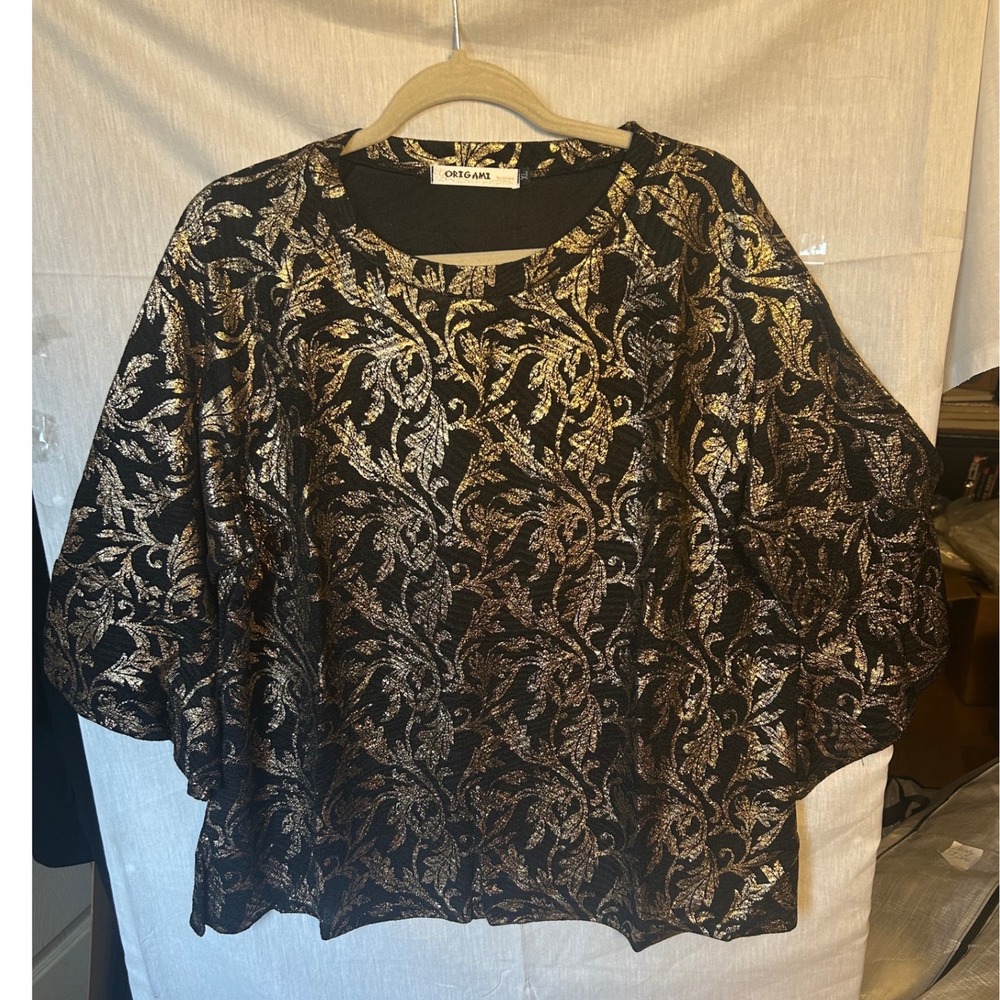 Origami by Vivien Womens XL Black Gold Metallic Damask Foil Boxy Top OLS-4755